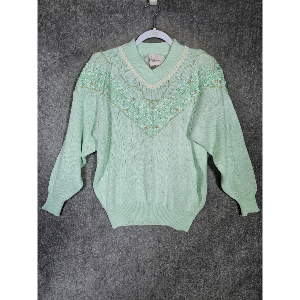 Jaclyn Smith Sweater Womens Size‎ Large Green Pastel Beaded Vintage Long Sleeve